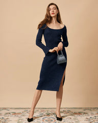 the-blue-round-neck-slit-long-sleeve-sweater-dress