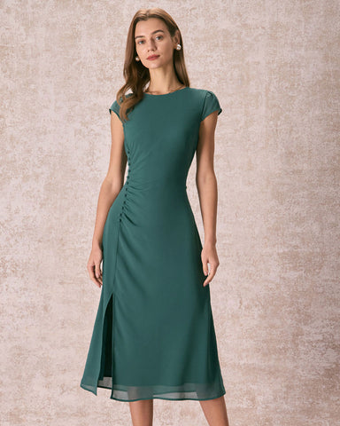 The Green Cap Sleeve Side Split Midi Dress