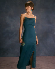 The Navy Square Neck Satin Slip Maxi Dress