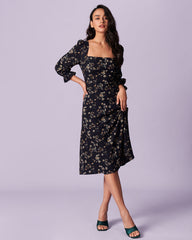 The Black Floral Lantern Sleeve Midi Dress