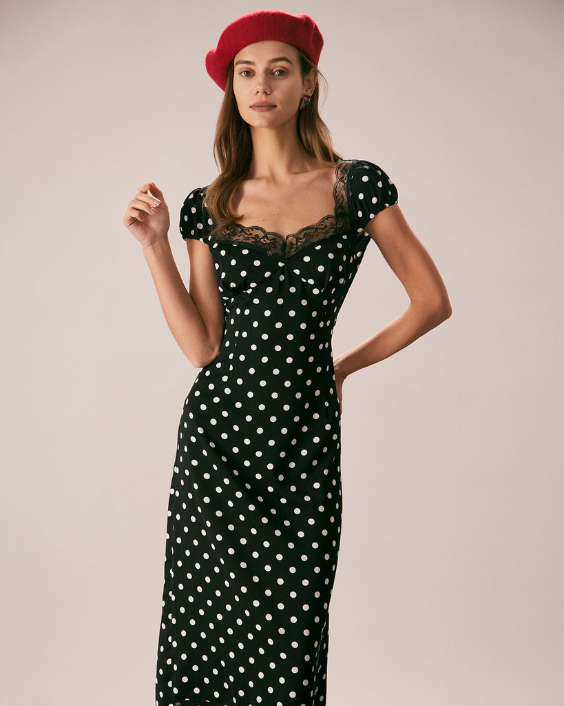 The Navy V Neck Polka Dot Lace Ruched Maxi Dress