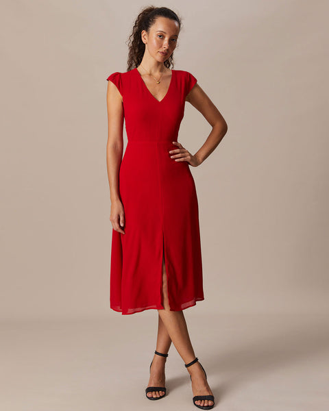 the-red-hollow-out-cap-sleeve-midi-dress