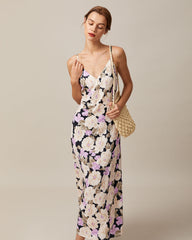 The Purple V Neck Floral Straight Maxi Dress