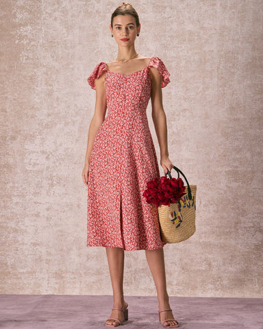 The Red V-Neck Front Slit Floral Midi Dress