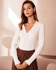 The White V Neck Scalloped Ribbed Knit Top