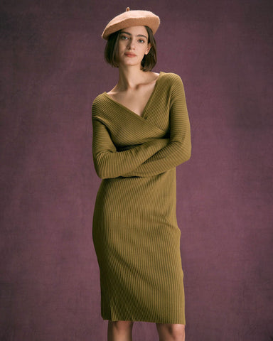 The Green V Neck Bodycon Wrap Midi Dress