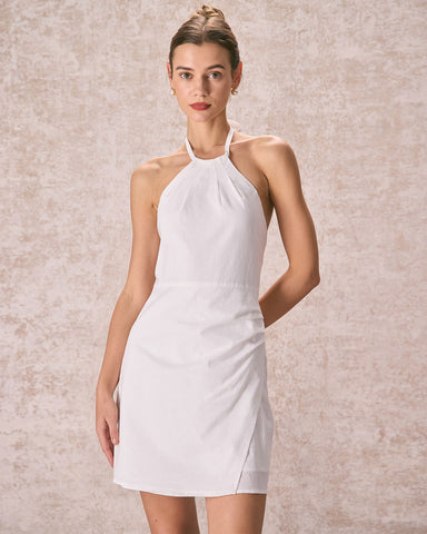 The White Ruched Halter Mini Dress