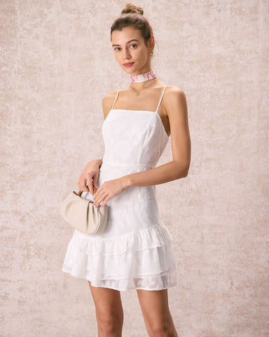 The White Jacquard Ruffle Strap Mini Dress
