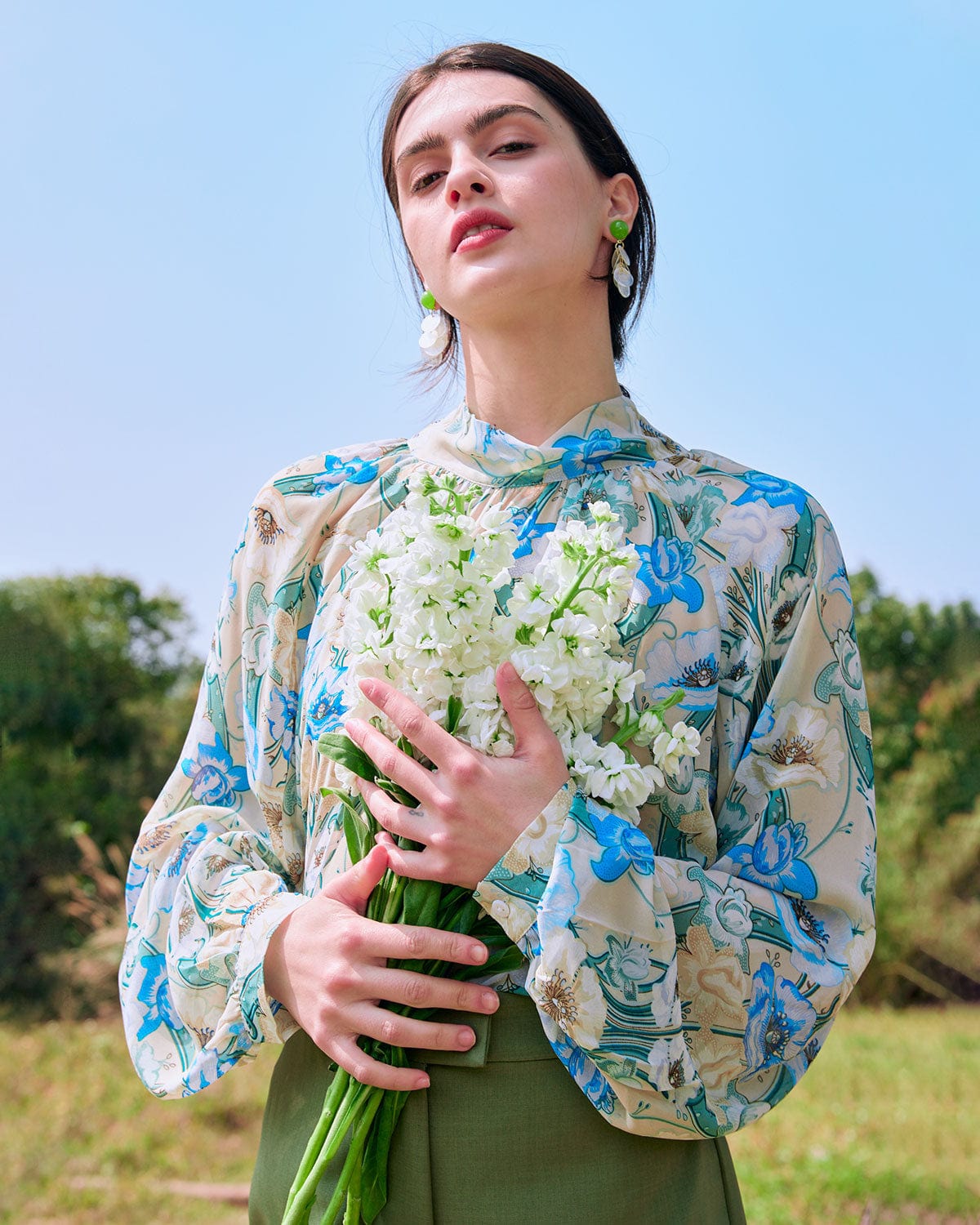 The Mock Neck Lantern Sleeve Floral Blouse & Reviews - Multi - Tops ...