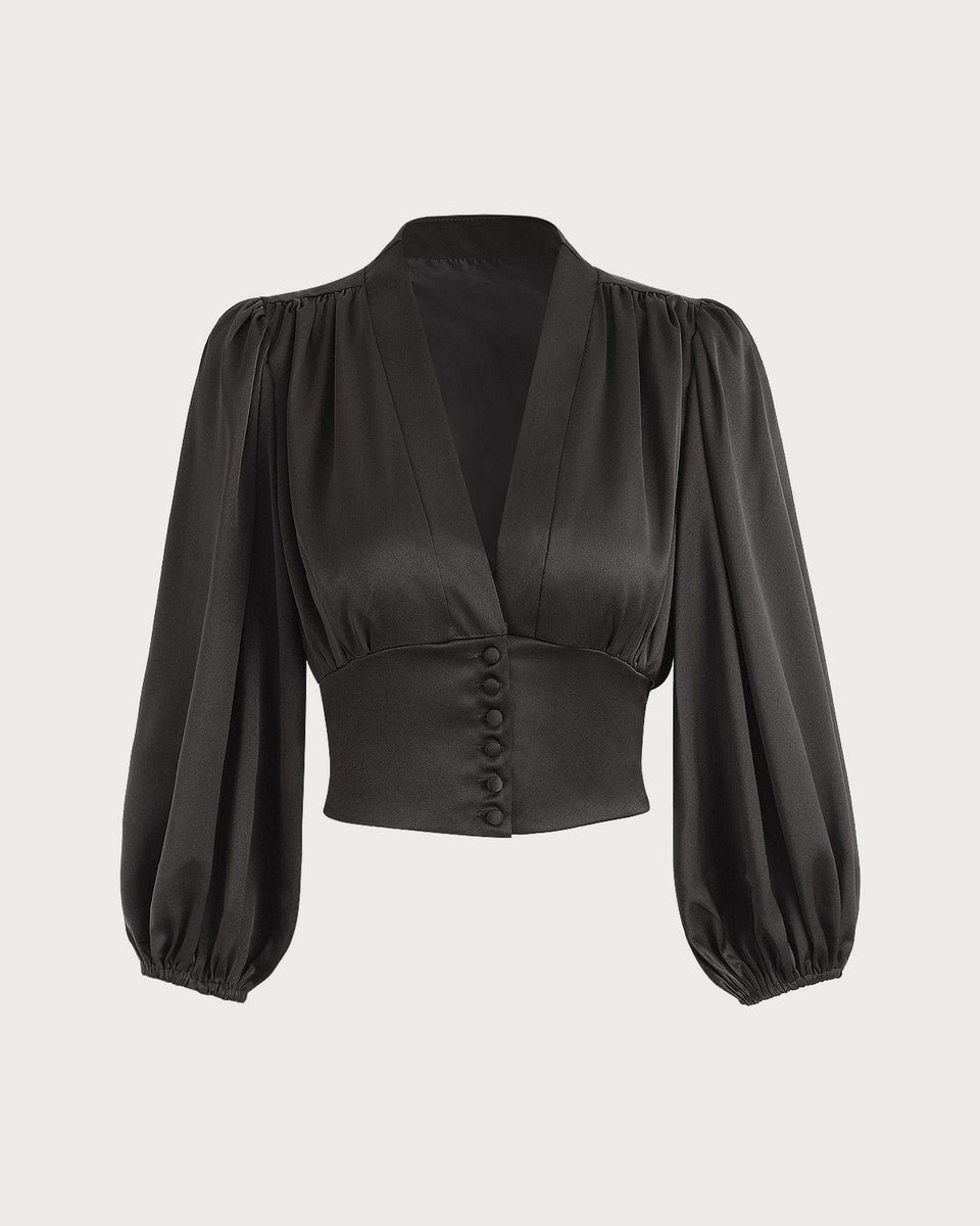 The Black Balloon Sleeves Satin Crop Blouse & Reviews - Black - Tops ...