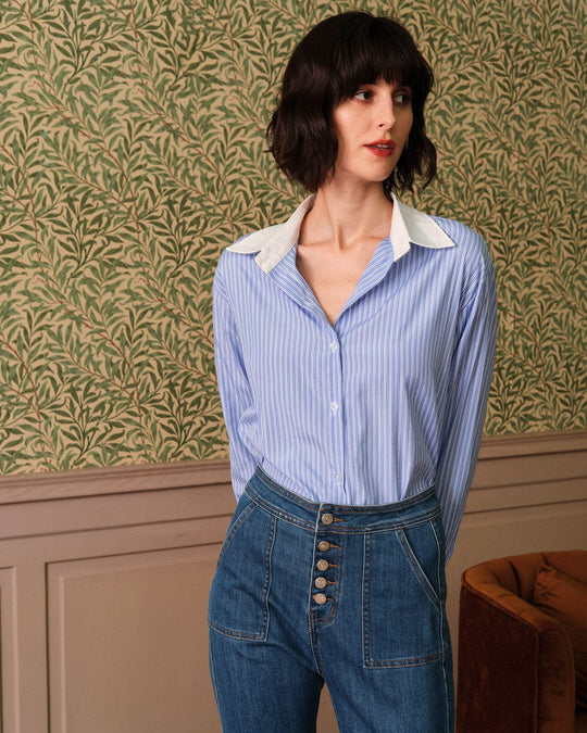 The Stripe Splice Collared Shirt in Blue