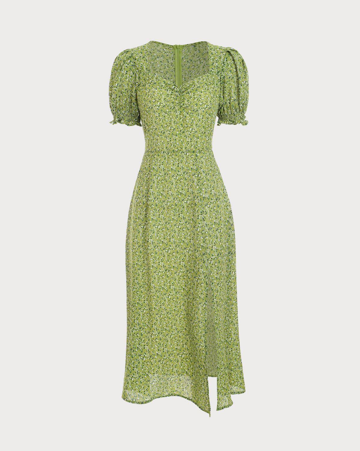 The Floral Puff Sleeve Midi Dress & Reviews - Green - Dresses | RIHOAS
