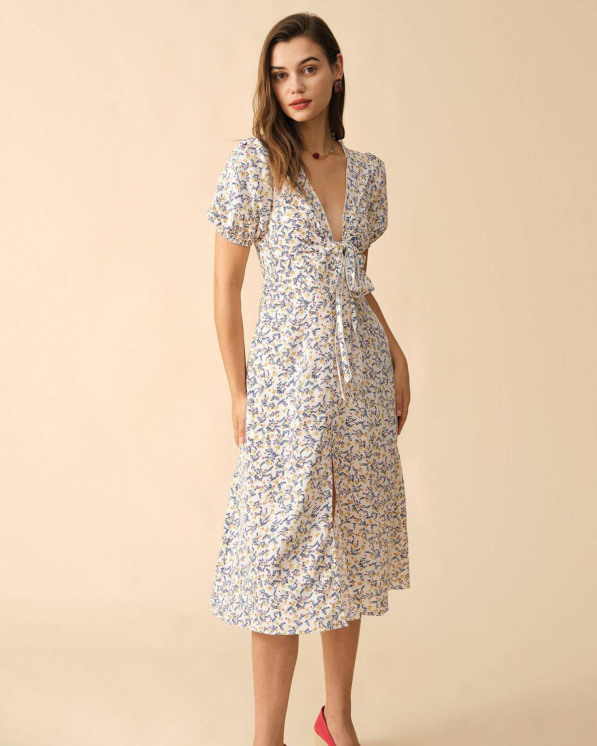 The Tie Front Floral Midi Dress & Reviews - Yellow - Dresses | RIHOAS