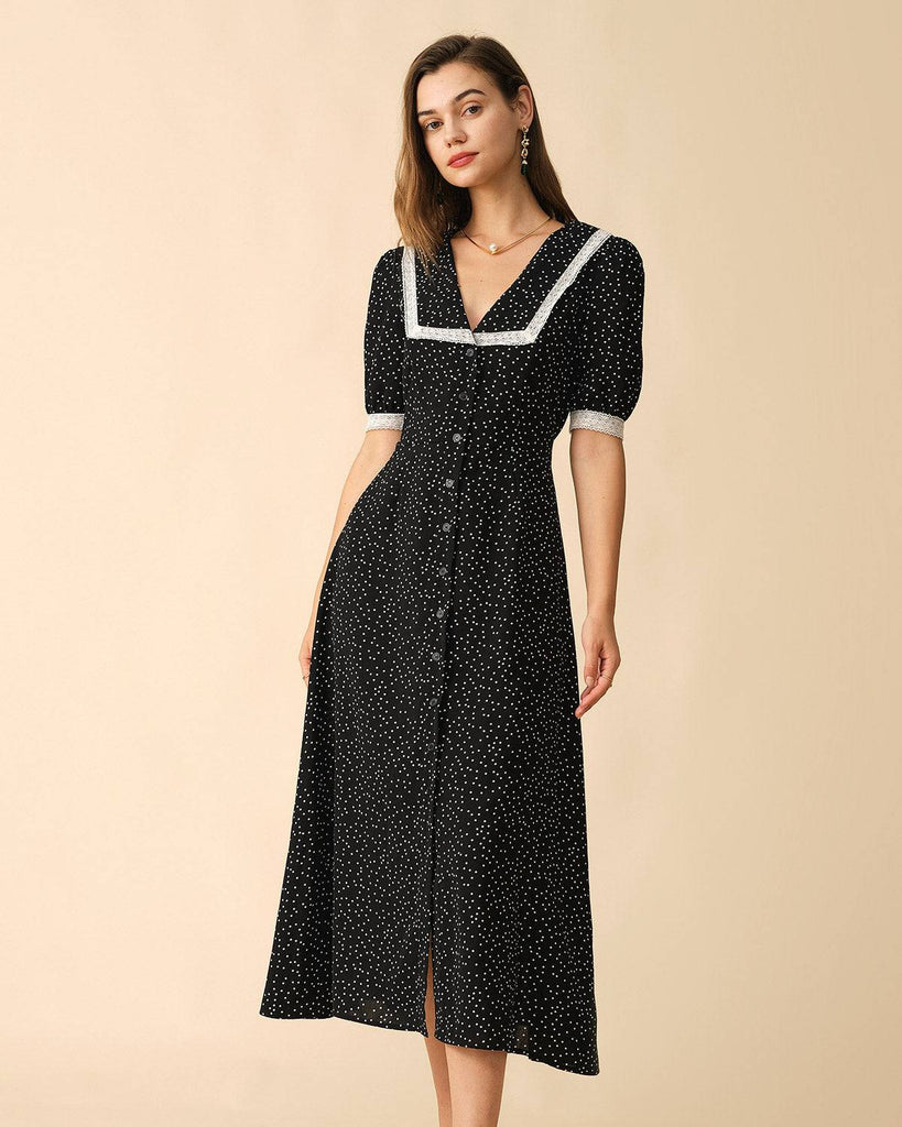 The Navy V Neck Polka Dot Lace Ruched Maxi Dress - Women's Navy Polka Dot  Cap Sleeve Dress - Navy - Dresses