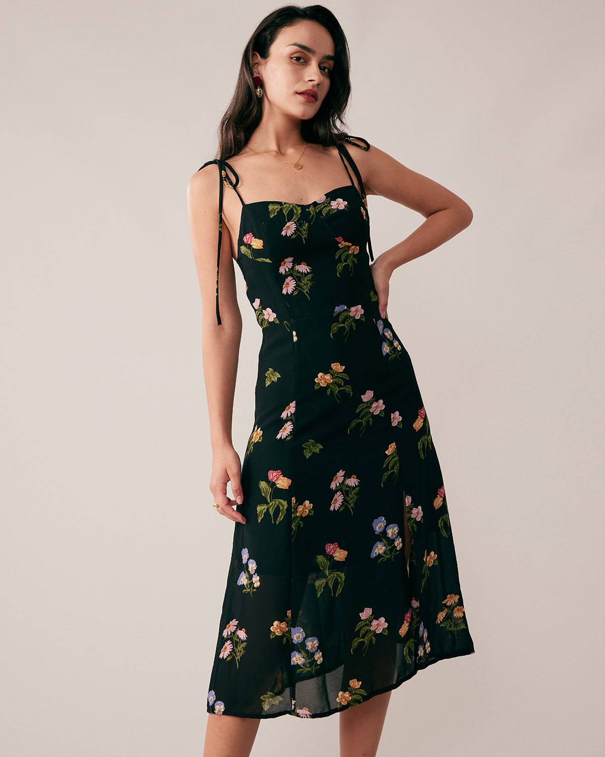 The Floral Tie Shoulder Cami Dress & Reviews - Black - Dresses | RIHOAS