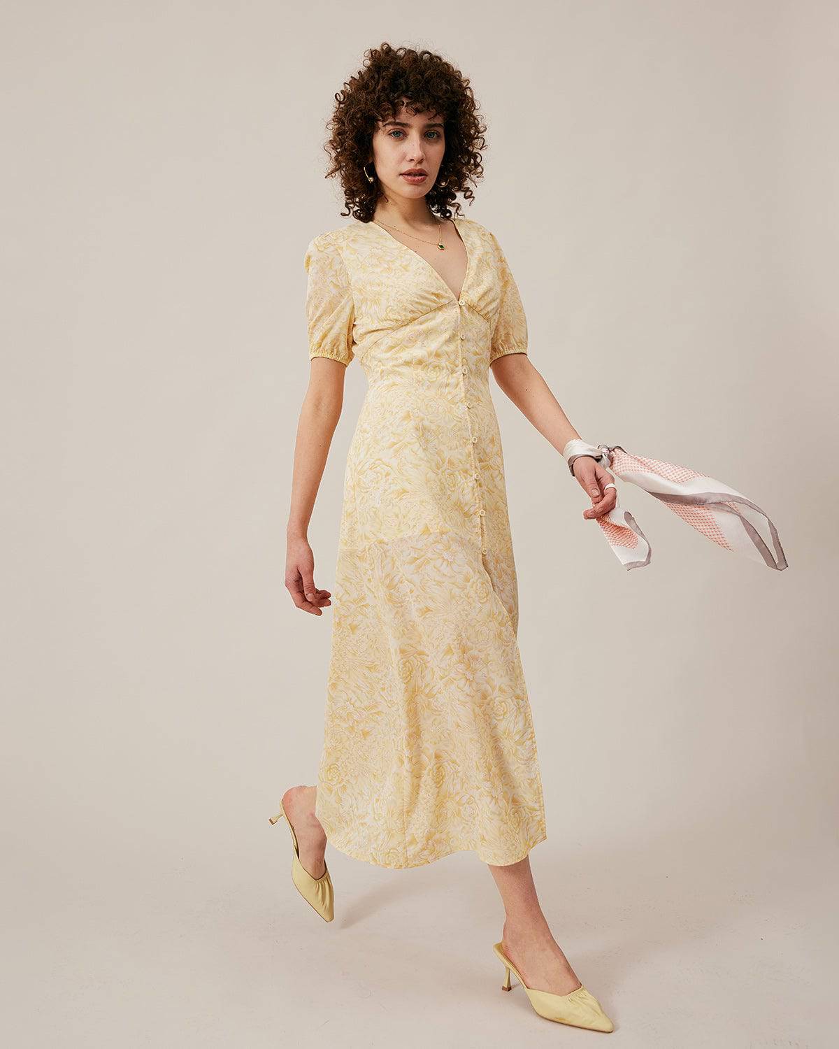 The Romance V Neck Floral Dress & Reviews - Yellow - Dresses | RIHOAS