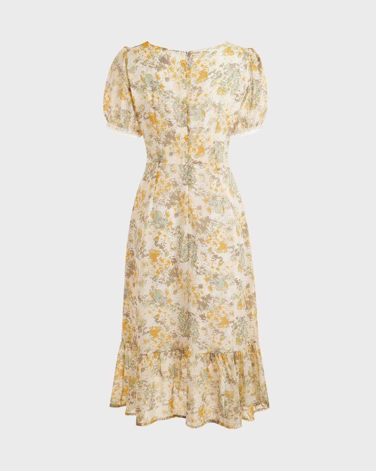 The Square Neckline Ruffled Hem Floral Dress & Reviews - Yellow ...