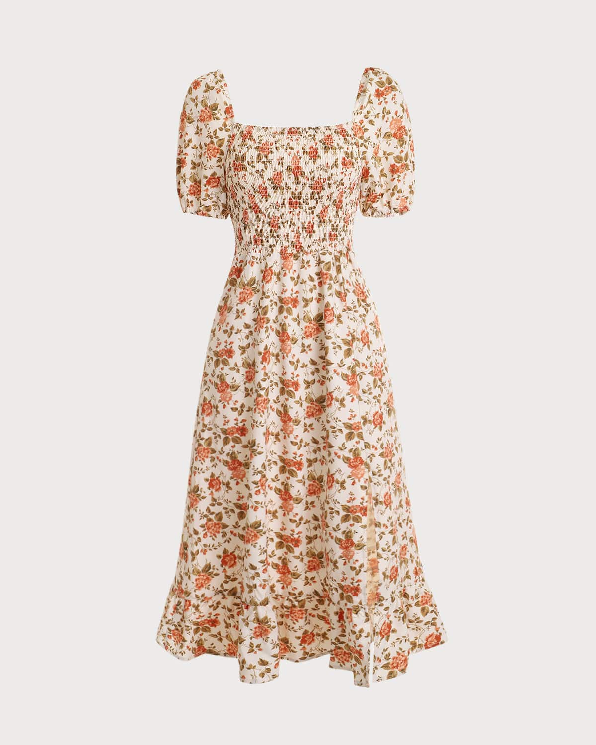 The Vintage Smocked Split Floral Dress & Reviews - Beige - Dresses | RIHOAS