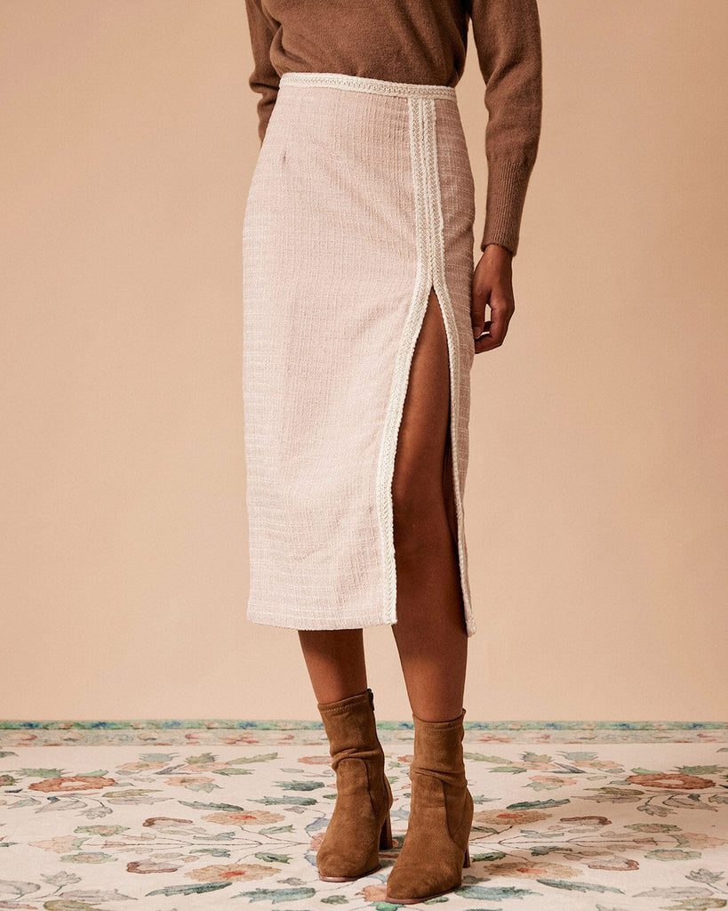 The Pearl Button High Waisted Tweed Skirt - Beige - Bottoms