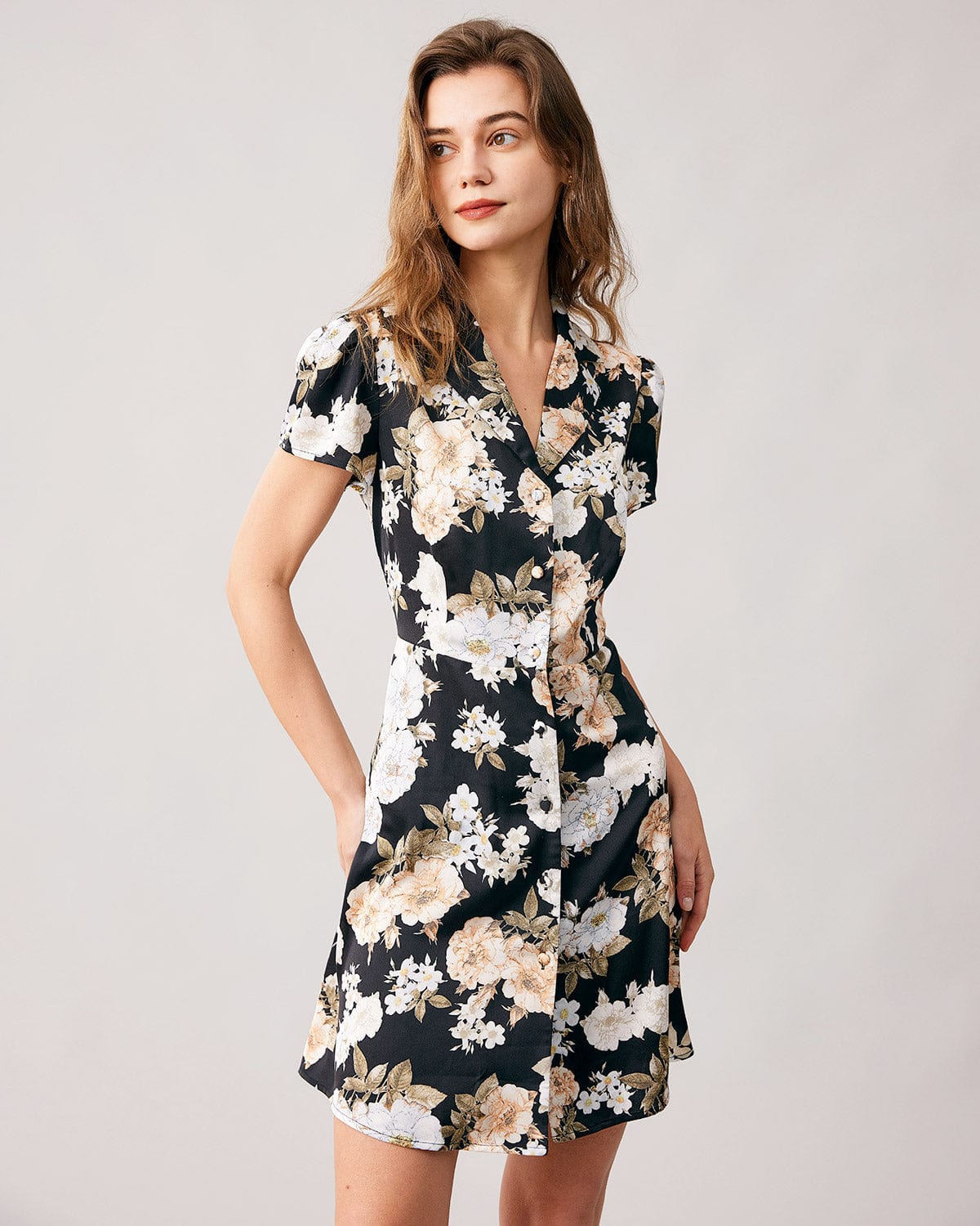 Rihoas Button Up Short Sleeve Floral Mini Dress, Black / S