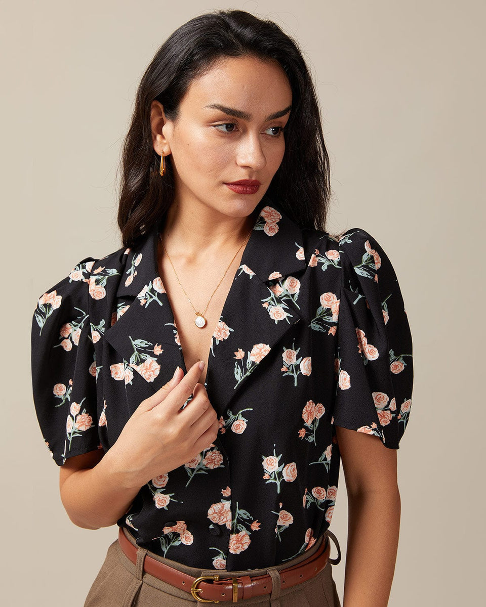 The V Neck Floral Rose Print Puff Sleeve Blouse & Reviews - Black ...