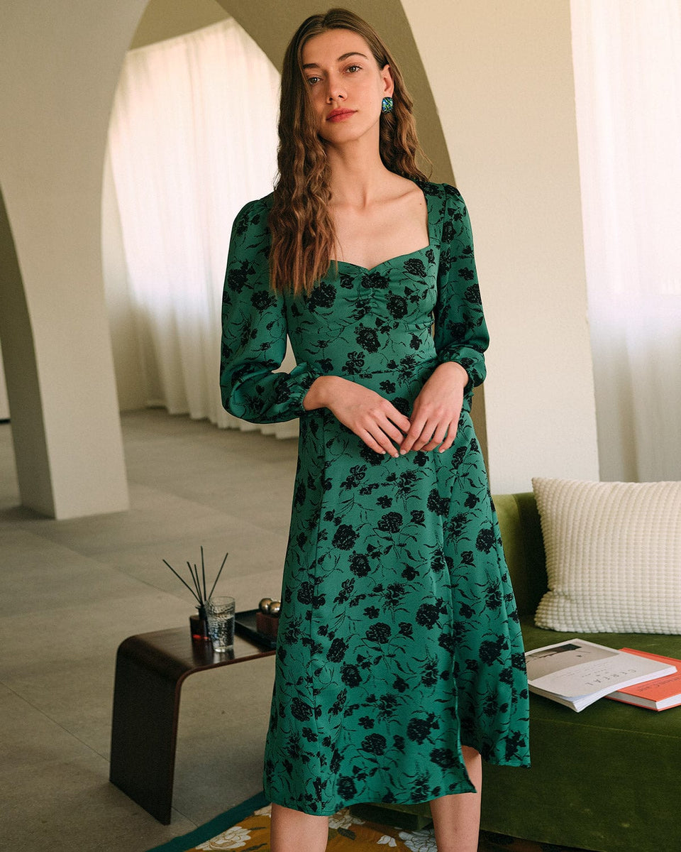 The Sweetheart Neck Floral Long Sleeve Midi Dress & Reviews - Green ...