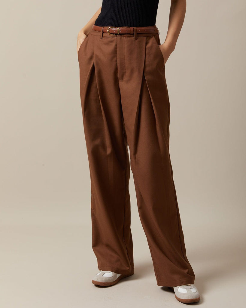 The Brown Pleated Button Wide Leg Pants & Reviews - Brown