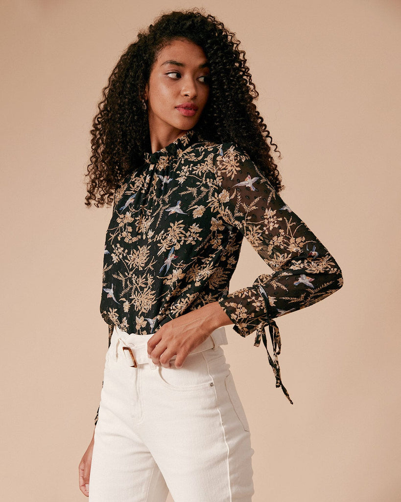 The Lantern Sleeve See-through Floral Blouse & Reviews - Black - Tops ...