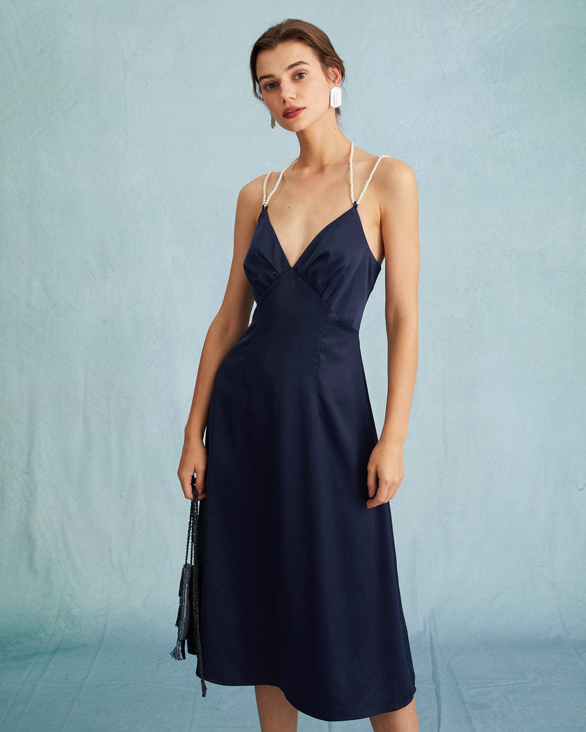 The Navy Satin V Neck Sleeveless Pearl Strap Midi Dress & Reviews ...