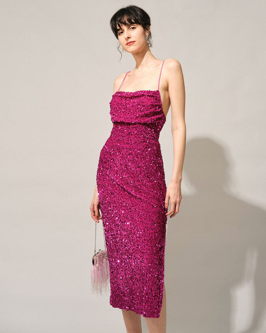 Red Cowl Neck Sequin Maxi Dress