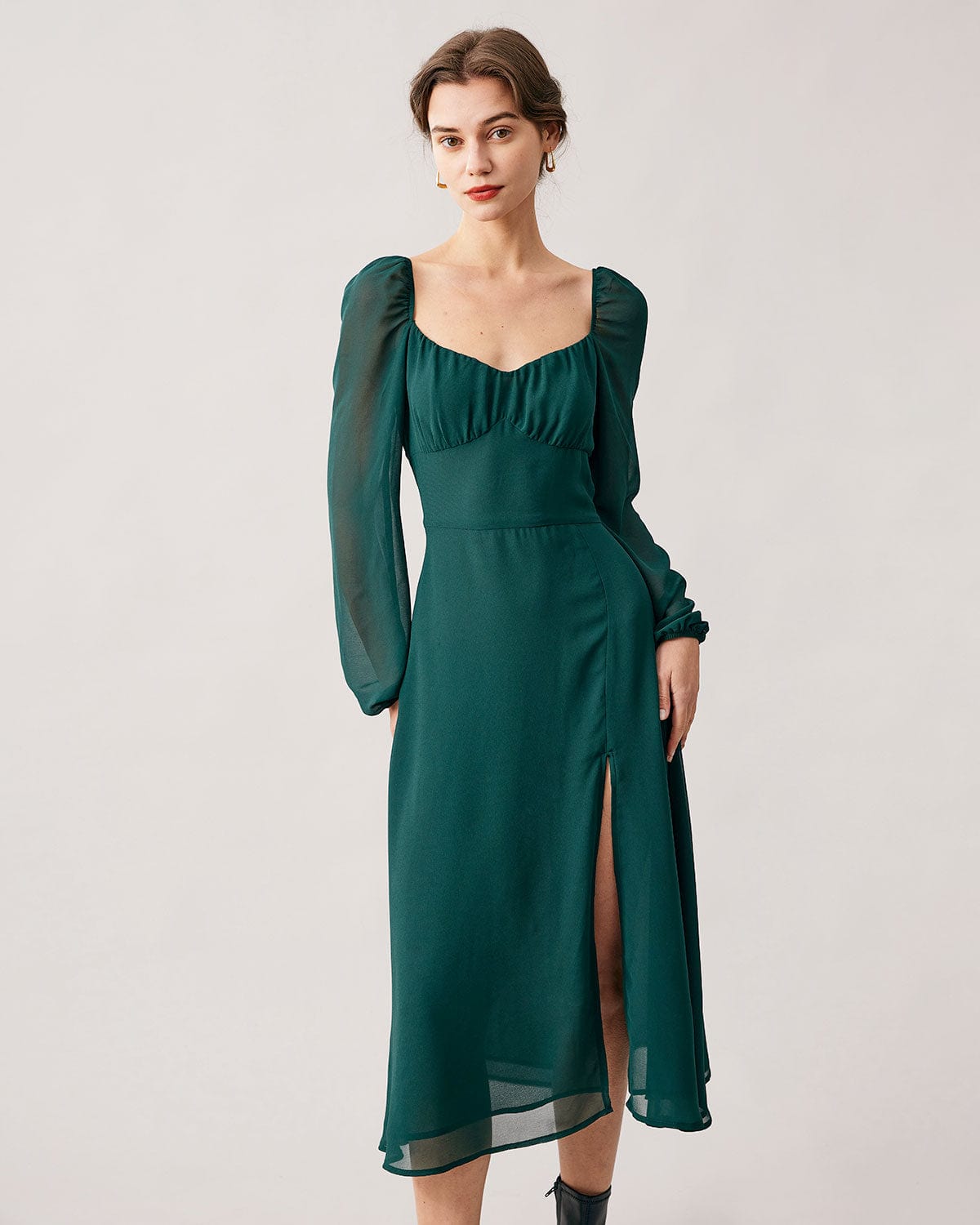 The Green Sweetheart Neck Sheer Sleeve Slit Midi Dress & Reviews ...