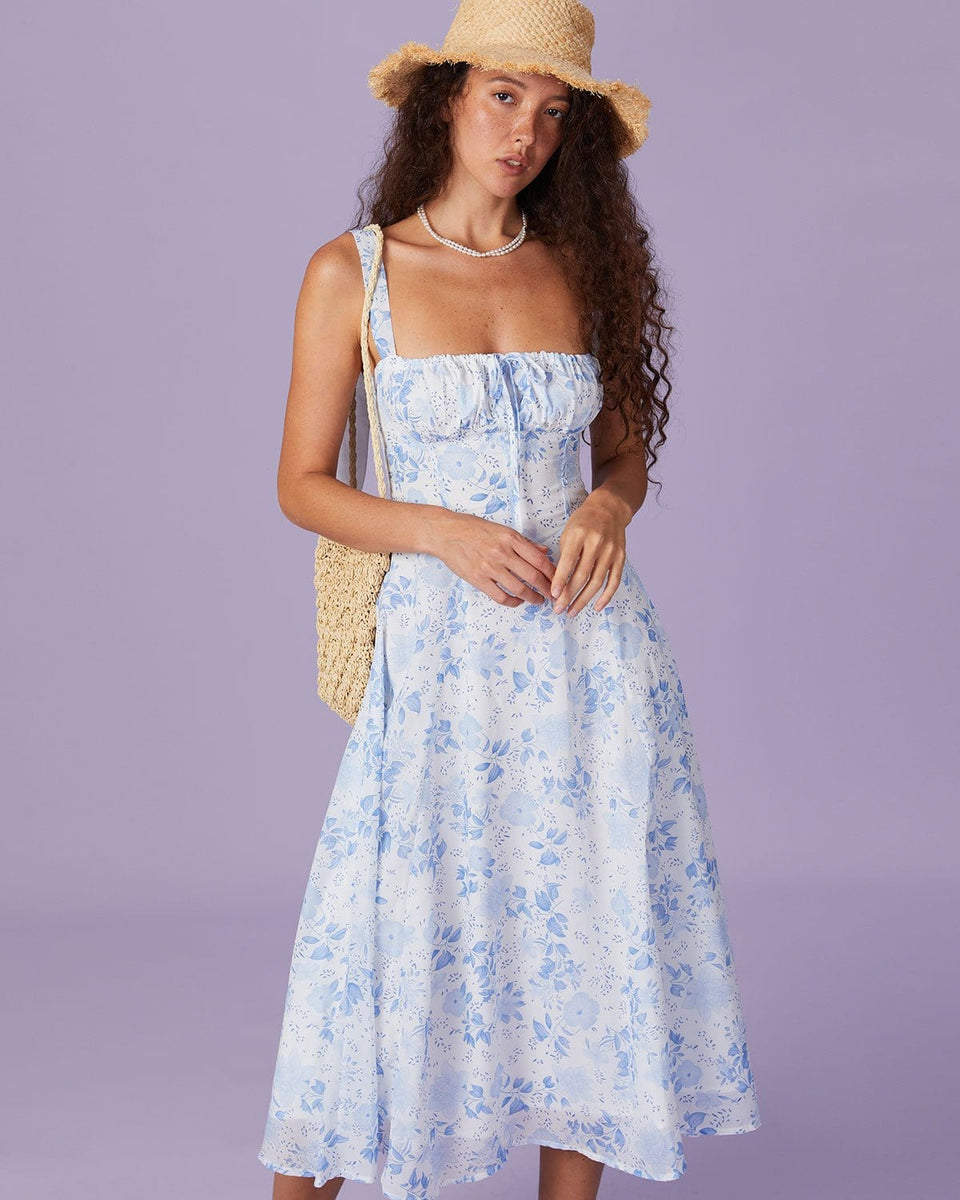 The Blue Square Neck Floral Ruched Midi Dress