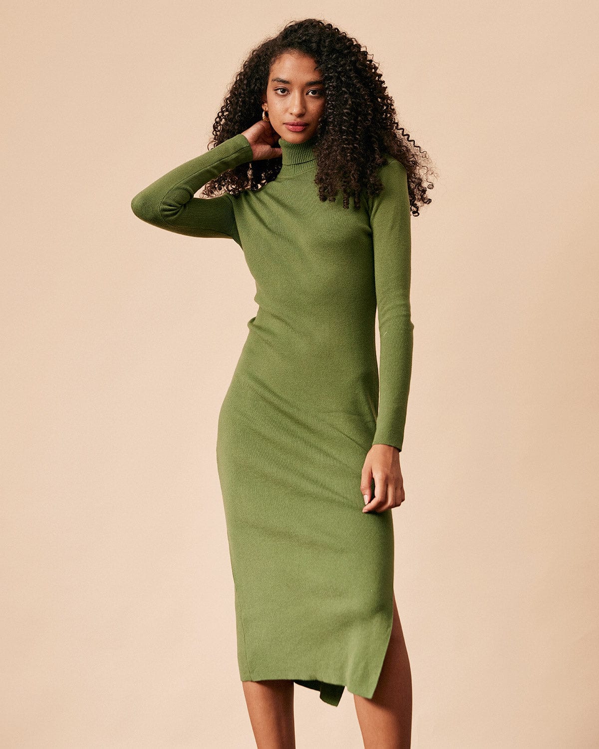 The Green Solid Turtleneck Long Sleeve Knit Dress & Reviews - Green ...