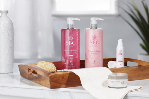 Collagen skincare products in bathroom