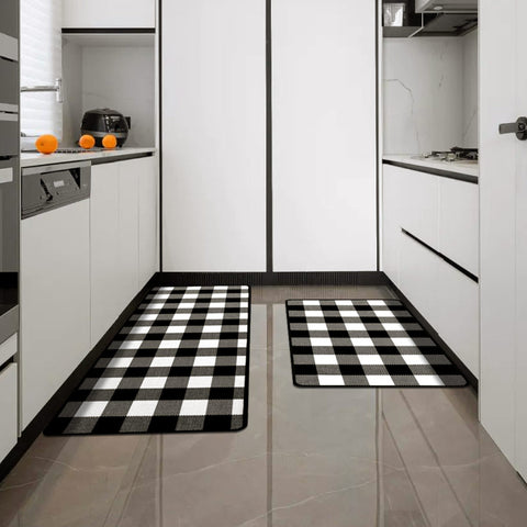 The gingham kitchen rug matches well with white furniture