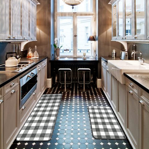 In a classic-style Kitchen, Matace grey-white Gingham Kitchen Rug Set is spread on the floor.