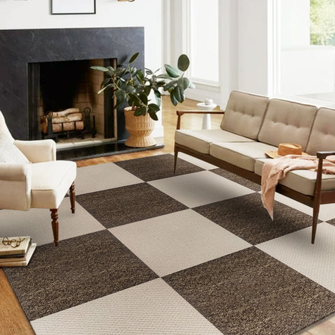 In a clean-cut living room, Matace brown and beige carpet squares line the fire with sofas.
