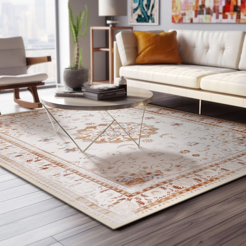 In a minimalistic living room, it is covered under the table with Matace area rugs Earthy.