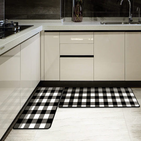 In a modern-style kitchenette, Matace rugs for kitchen floor is laid out on the ground.