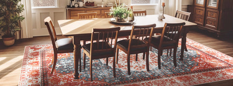 In a wood-style dining room, its dining table is covered with Matace large table rugs.