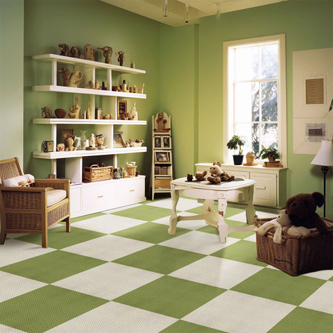 Matace beige and olive green carpet squares are laid side by side in the ins style living room.