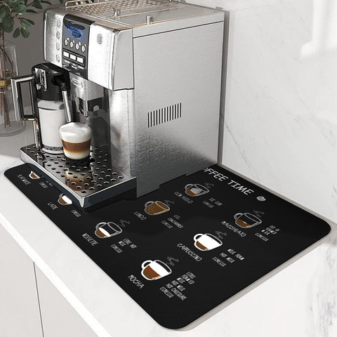 Over a simple coffee bar, the Matace menu coffee mat features a coffee machine.