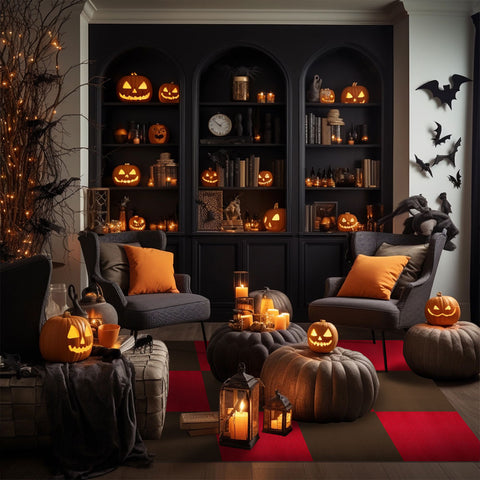 The living room has so many pumpkin lamps on the sofa & in the cupboards, and Matace red & brown carpet squares under the chairs & sofa.