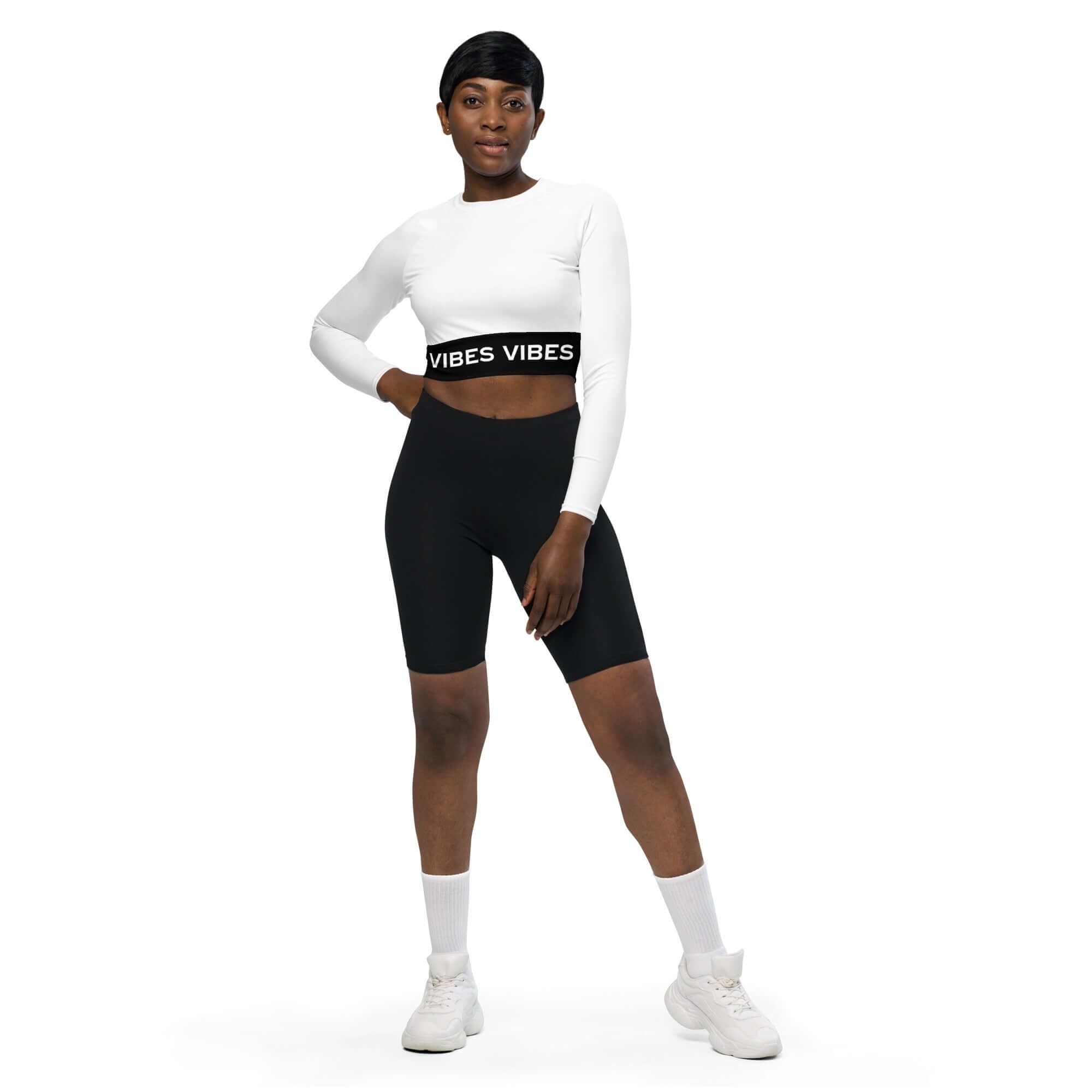 TIME OF VIBES Recycled long-sleeve crop top VIBES (White/Black)