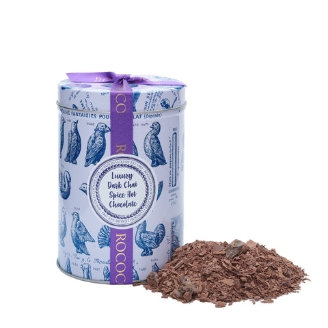 Luxury Dark Chai Spice Hot Chocolate beautifully presented in a decorated chocolate gift tin. A perfect Hot Chocolate Gift and one of the best hot chocolate gifts in the UK.