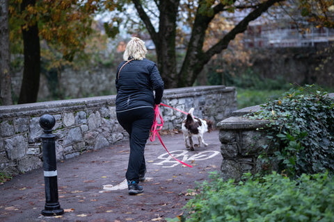 Woman with dog on path with pink long line