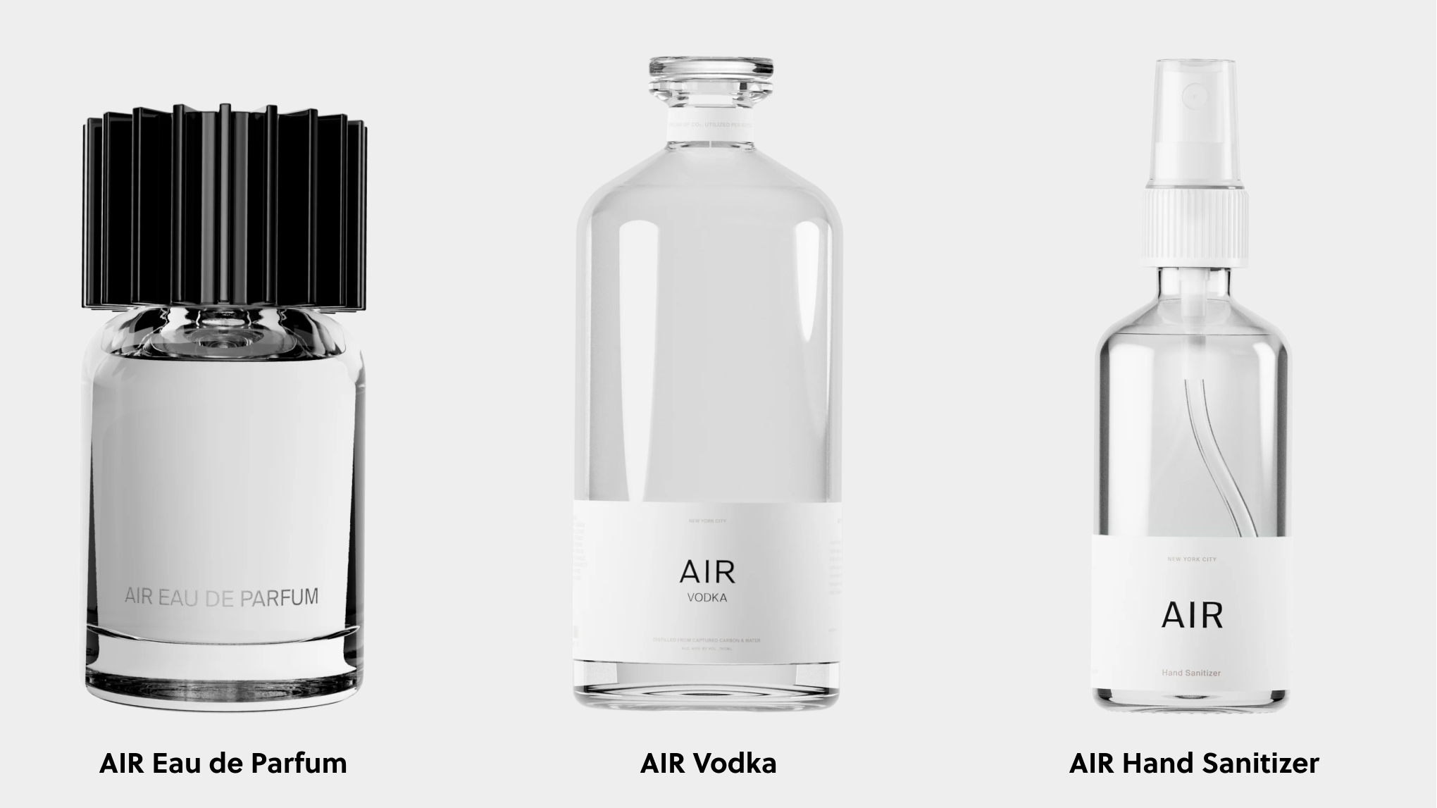 Air company vodka, eau de parfum and hand sanitizer