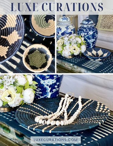 Blue and White Woven Baskets and coasters from Uganda Africa