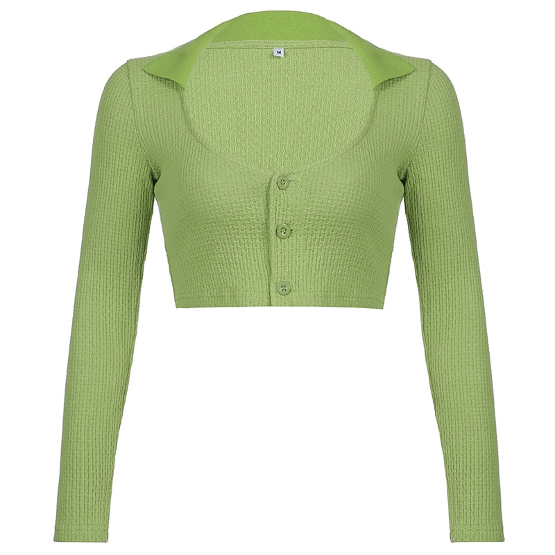 Rapcopter Green y2k Crop Top Knitted Long Sleeve T Shirt V Neck Vintag ...