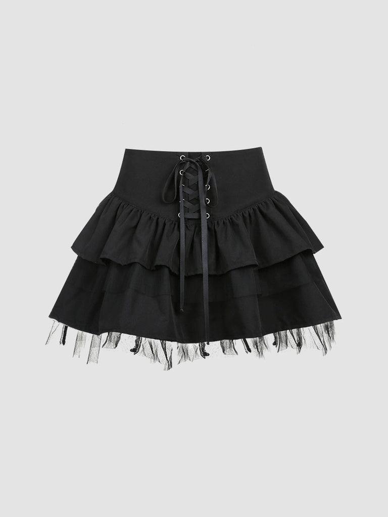 Lacing Lace Puffy Skirt Black Skirt – sampeal